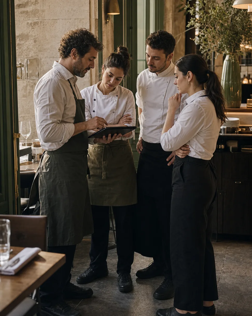 A restaurant team reviewing the service plan together on a tablet